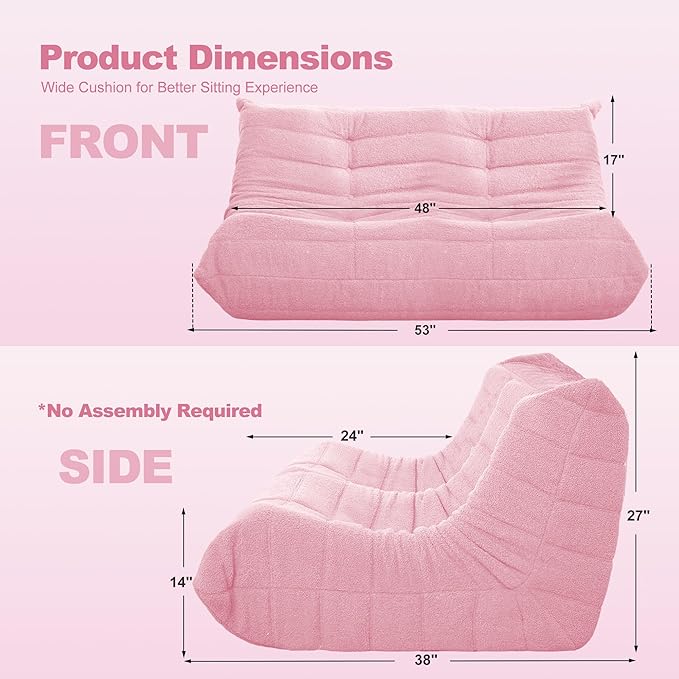 Bean Bag Loveseat Chair Big Sofa Beanbag Chair for Adults Fireside Chair Bean Bag Lounger with Memory Foam Filled for Home,Apartment or Gaming Venue（Pink Teddy）