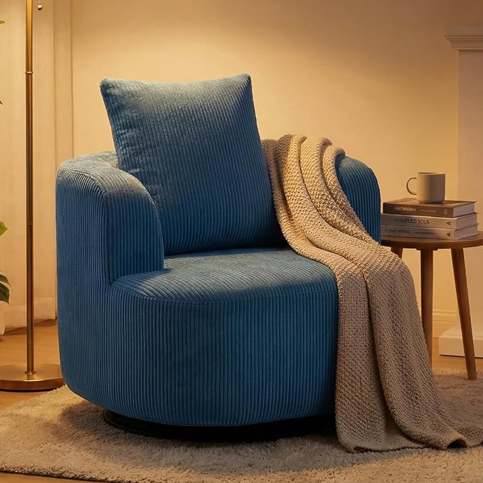 Furnimart 360° Swivel Barrel Accent Chair Set of 2, Round Upholstered Comfy Lounge Chair, Corduroy High-Resilienc Foam Single Sofa, No Assembly Wide Seat for Living Room, Bedroom, Apartment (Blue)