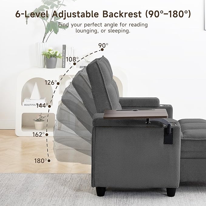 41.7" Oversized Chaise Lounge Chair Indoor, Boucle Upholstered Sofa Bed with Adjustable Backrest, Deep Seat Reading Chair, Sofas Couches for Living Room, Storage, Cup Holders & 360° Swivel Side Table
