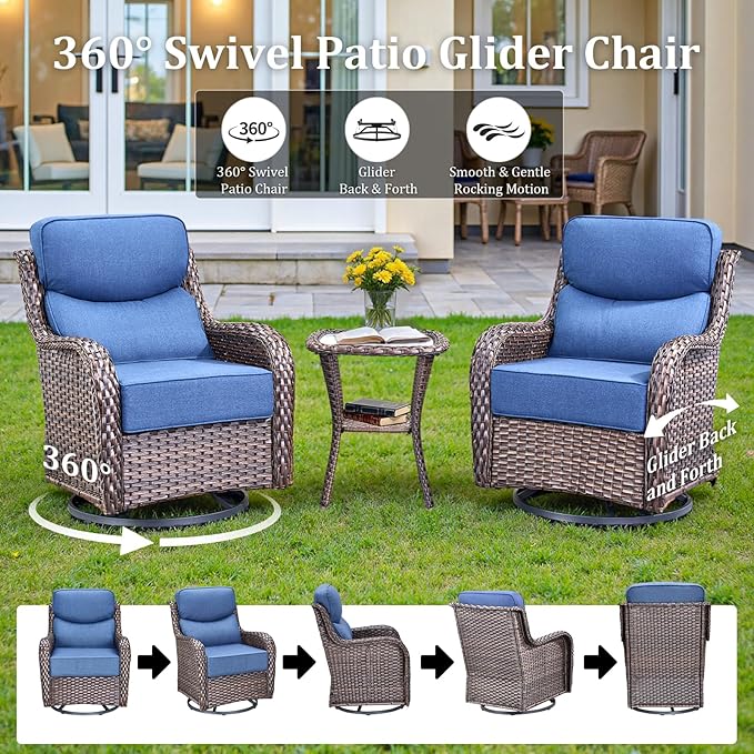 Pugire Luxury High Back Patio Furniture Set with 6-Inch Thick Cushions, 7-Pieces Outdoor Furniture with Swivel Chairs, Wicker Conversation Set for Porch, Balcony, Deck and Yard, Brown/Blue