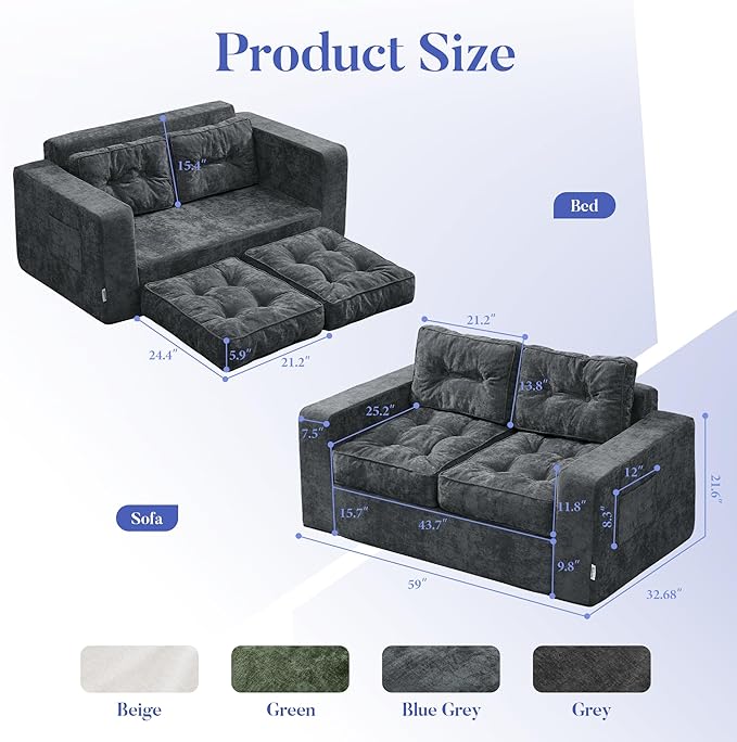 Hobestluk Sofa Couch Loveseat Sofa with Chenille Fabric 2-Seater Sofa for Small Spaces Comfortable Foam Floor Sofa 2 in 1 Boneless Couch for Living Room Bedroom (Blue Grey, Loveseat)