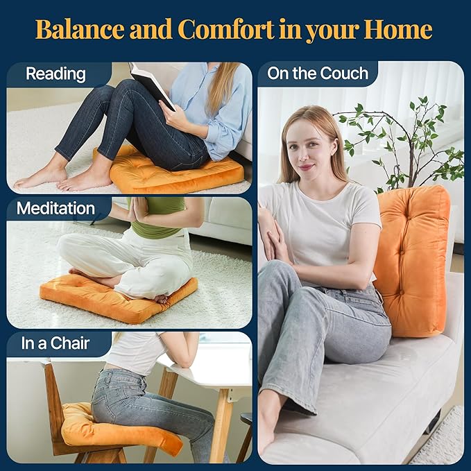 Velvet Floor Pillow Set of 2, Square Large Pillows Seating for Adults, Tufted Cushions for Meditation, Yoga, Tatami, Living Room, Chair, Machine-Washable & Dryer-Safe, Orange, 22x22 Inch