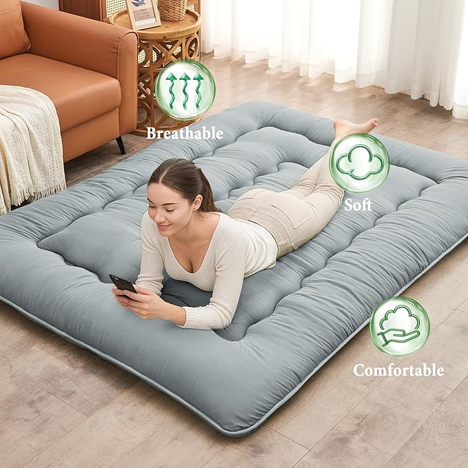 DAICO Japanese Floor Mattress, 4'' Thicken Futon Mattress Tatami Mat, Sleeping Pad Foldable Roll Up Mat for Camping and Guest Room, Full Size 54''*80'', Grey