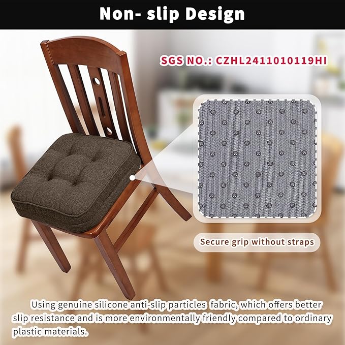 GOFORIT Chair Cushions Set of 2,Tufted Shredded Memory Foam Chair Pads, Non-Slip Seat Cushions with Removable Cover, 16'' x 16'', 2 Pack,Brown