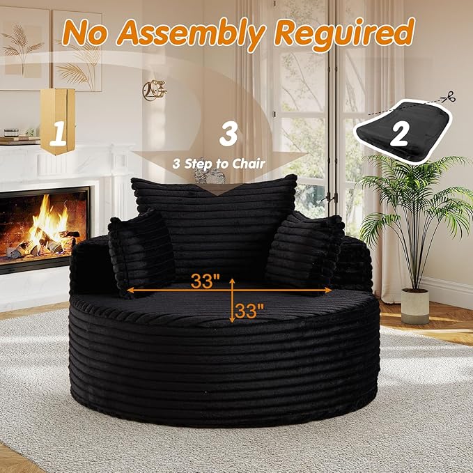 50"W Oversized Round Chaise Lounge Chair Indoor, Upholstered Corduroy Deep Seat Cloud Circle Sofa Chair, Modern Fluffy Comfy Floor Reading Armchair for Living Room, Bedroom, No Assembly Required,Black