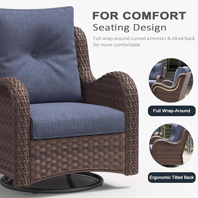 LayinSun 10 Pieces Outdoor Patio Furniture Set with Fire Pit Table, Rattan Wicker Sectional Swivel Rocker Chairs Sets with Ottomans, Swivel Glider Chairs and Coffee Table