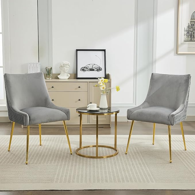 WUTUTUEE Velvet Dining Chairs Set of 2 Gold Legs,Upholstered Velvet Accent Chairs, Pleated Back Design & Gold Pull Handle, Mid Century Modern Chairs for Dining/Kitchen/Living Room,Light Grey