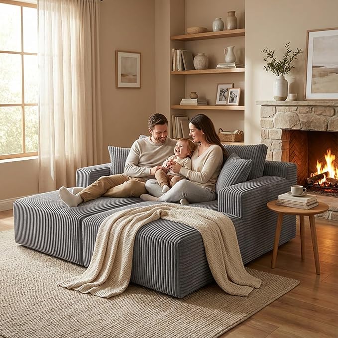 SYTOPIA Loveseat Chaise Lounge with Armrests, Oversized Sofa Bed with 4 Pillows, Cozy Boneless Sleeper, Modular Sectional Couch for Living Room Bedroom, Floor Chair Furniture sala Corduroy, Urban Grey