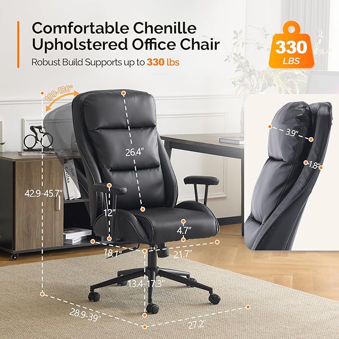 VINGLI Executive Ergonomic Office Chair with 100-130° Reclining, High-Back Desk Chair with Adjustable Base & Headrest Support & Wheels, Comfy Gaming Chair for Computer, Home Office, Pu-Leather, Black