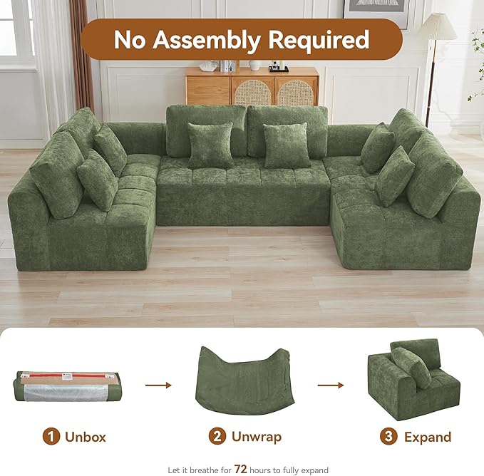 140''Modular Sectional Couches for Living Room, Cloud Boneless Compressed Sectional Sofa, Oversized U Shaped 6 Seater Upholstered Memory Foam Sofa, No Assembly, Chenille Green