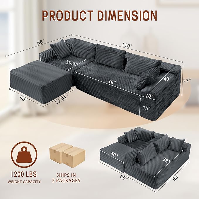 Korser 110" Sectional Couches for Living Room, Modular Sectional Sofa with L-Shape Chaise, Cloud Couch, Comfy Corduroy Fluffy Couch with Deep Seat and Side Pockets
