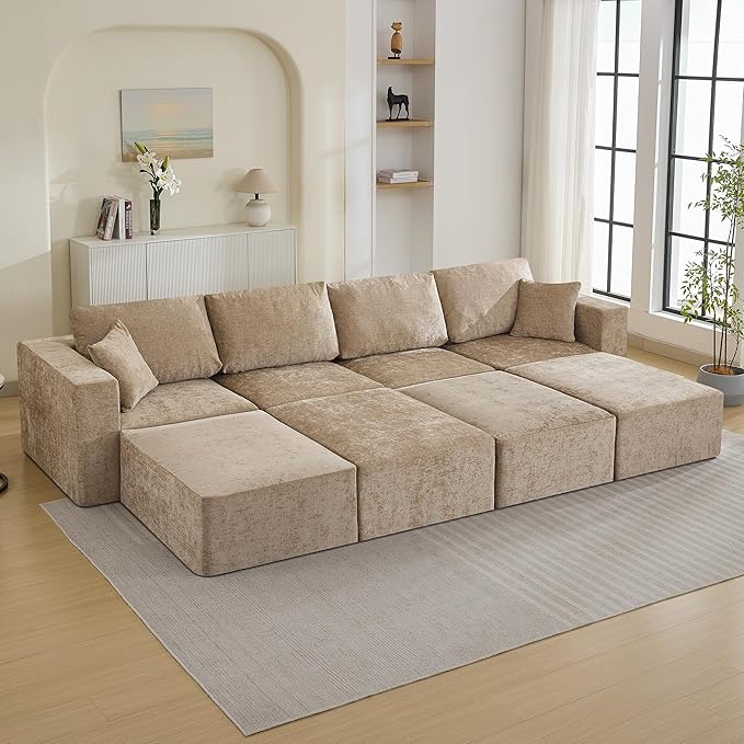 146'' Oversized Boneless Sofa Bed, 4 Seater Modular Sectional Couch with 4 Movealbe Ottoman, No Asswmbly Chenille Compression Sofas with Chaise for Home House, Camel