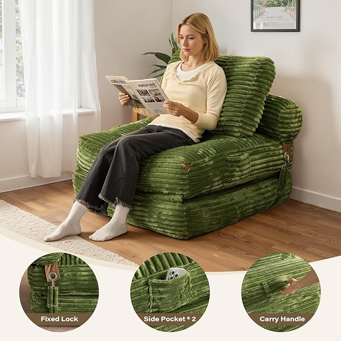 75''Foldable Sofa Bed,Green Convertible Folding Sleeper Chair Bed,Foldable Single Sofa Foam Filling Couch with Pillow, Comfy Corduroy Lazy Floor Sofa for Small Room Living Room Bedroom Apartment