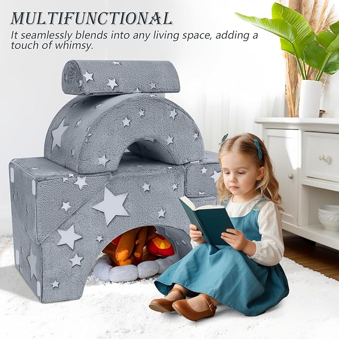 MeMoreCool Toddler Foam Climbing Couch – Modular Kids Sofa with Slide & Stairs | Convertible Sectional Play Couch for Babies & Toddlers, Glow‑in‑The‑Dark Stars, Soft Foam Playroom Furniture