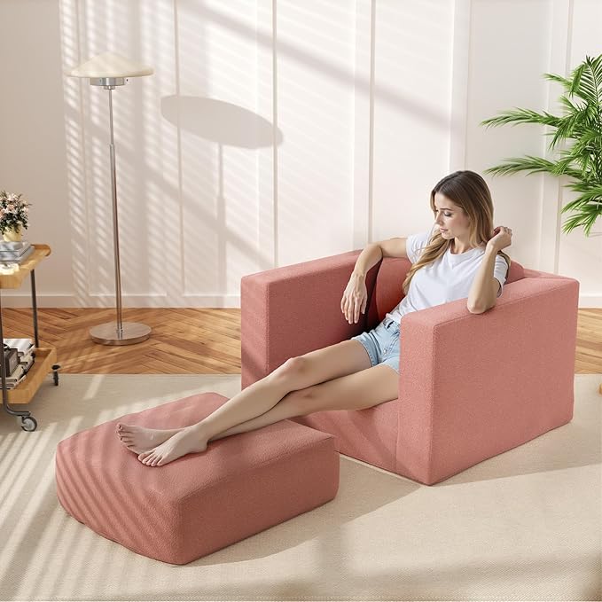 Bean Bag Chair, Large Beanbag Chair for Adults, Comfy Foam Floor Sofa with Pillows and Armrests, Plush Chair Bean Bag Couch for Bedroom Living Room, (Teddy Boucle Fabric, Pink)