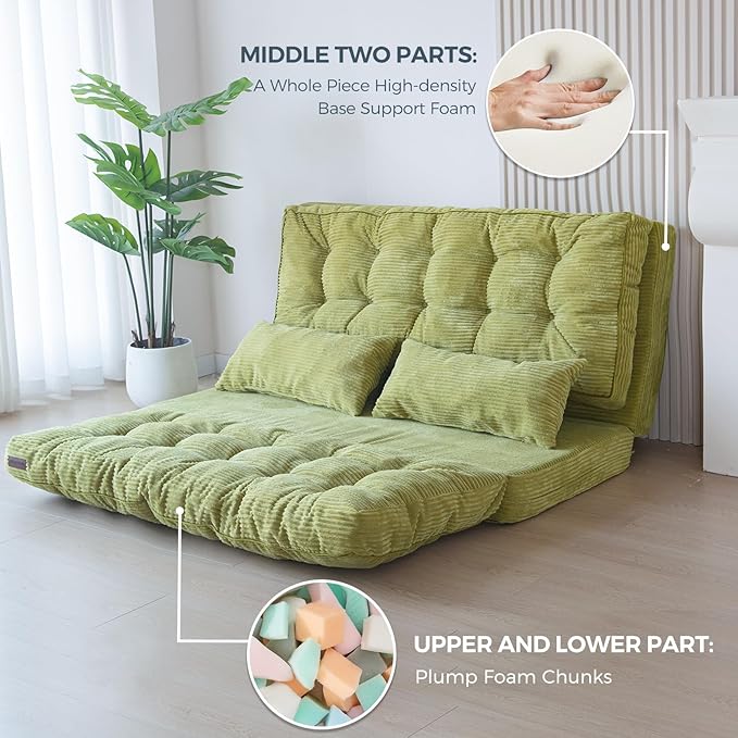 MAXYOYO Bean Bag Bed Tufted Folding Sofa Couch with Pillows Floor Mattress for Adults, Extra Thick and Long Floor Sofa, Full Floor Couch Bed for Bedroom Living Room, Green, 54x91 Inch