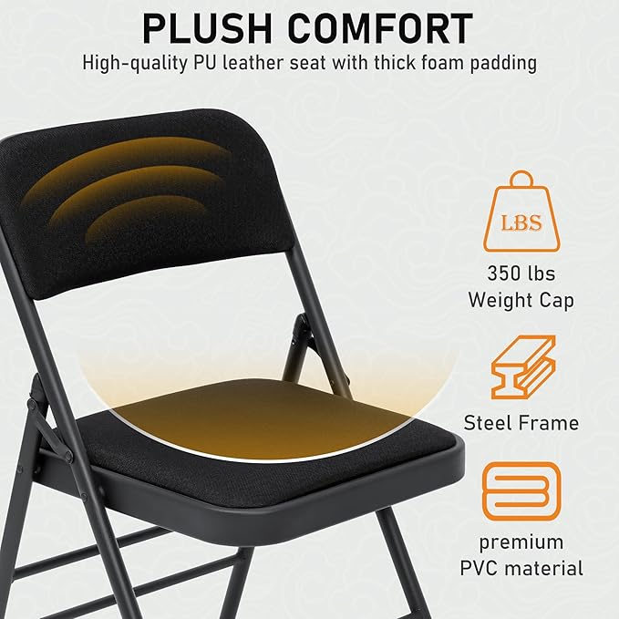 SEALAMB 10 Pack Fabric Folding Chairs with Padded Seats & Cushion, Metal Foldable Chairs for Wedding Party, Commercial Chairs for Office School Church Events, 350lb Capacity (Black-Fabric, 10 Pack)
