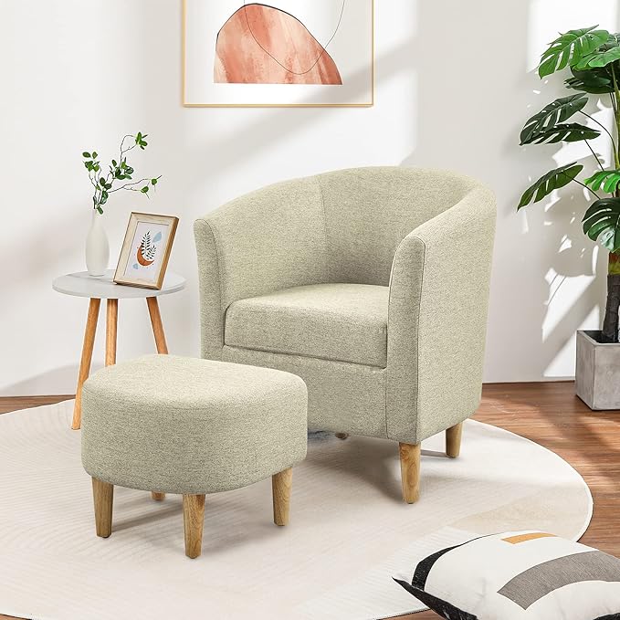 DAZONE Accent Chair, Barrel Chair with Ottoman Comfy Arm Mid Century Modern Footrest Set Comfortable Living Room Chairs Upholstered Club Tub Sofa for Bedroom Reading Beige Set of 1