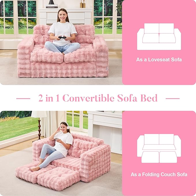 Hobestluk Sofa Couch Loveseat Sofa with Bubble Fabric 2-Seater Sofa for Small Spaces Comfortable Foam Floor Sofa 2 in 1 Boneless Couch for Living Room Bedroom Apartment or Office (Pink, Loveseat)