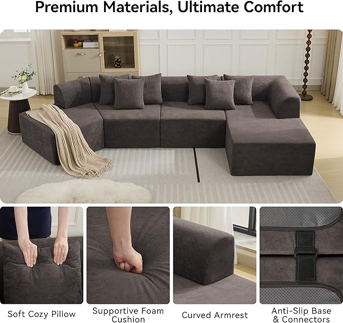 140''Oversized Cloud Velvet Curved Sectional Couch, Boneless Couch with L-Shape Chaise, Upholstered Compression Memory Foam Modular Sectional Sofa for Living Room, No Assembly Required, Brown