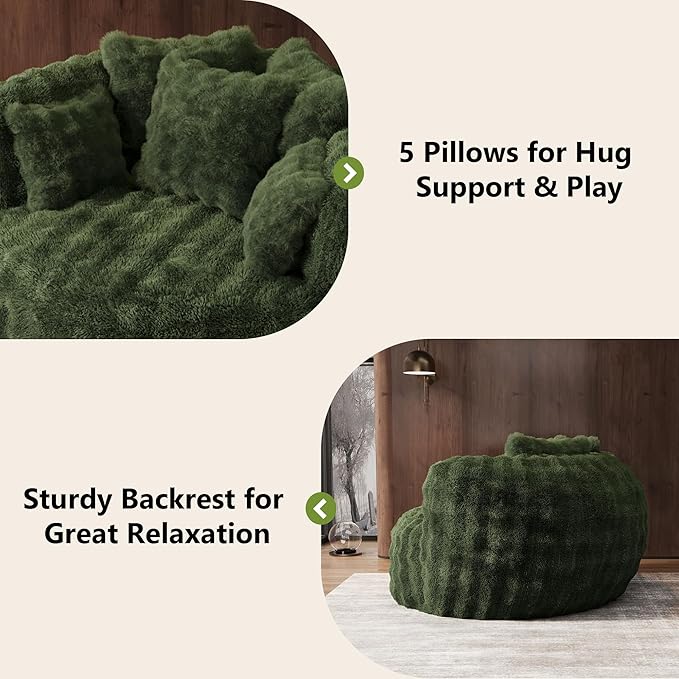Oversized Chaise Lounge Chair Indoor with Ottoman 55" W x 75" L Round Reading Chair Plush Faux Fur Corduroy Cloud Circle Boneless Chair with 5 Pillows for Living Room - Green