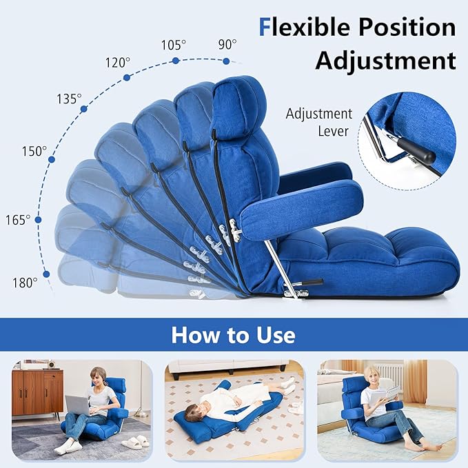 Giantex Adjustable Folding Sofa Chair - Lazy Floor Chair with Infinitely Adjustable Backrest, Extendable Armrest & Seat, Couch Recliner for Meditation, Reading, Gaming Floor Chairs for Adults (Blue)