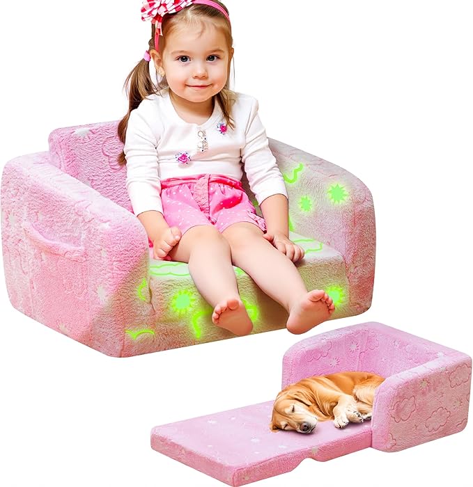 Lamerge 2-in-1 Soft Toddler Couch Fold Out,Foldable Toddler Chair, Glow in The Dark Kids Sofa for playroom,Convertible Foam and Floor Cushion for Boys and Girls (Pink and Clouds)