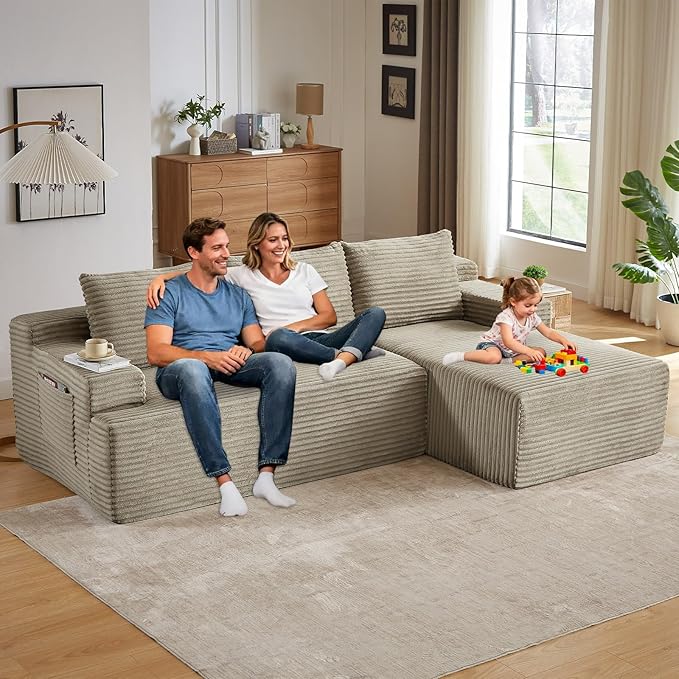 96.1" Modular Sectional Sofa Couches L-Shape Couch 3 Seat Modular Sofa Corduroy Memory Foam Sectional Boneless Couches for Living Room, Cloud Couch with Oversized Chaise(Camel, Right Facing)