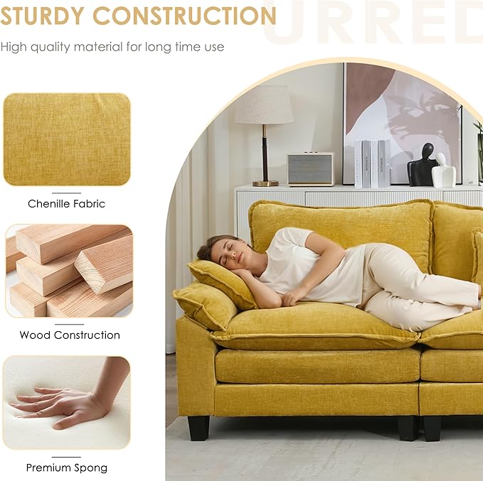 URRED Cloud Couch Modular Sectional Sofa, 122'' Modern L Shaped Deep Seat Sofa with Ottoman & Pillows, Ultra Comfy Chenille Couches for Living Room, Bedroom or Apartment. Yellow
