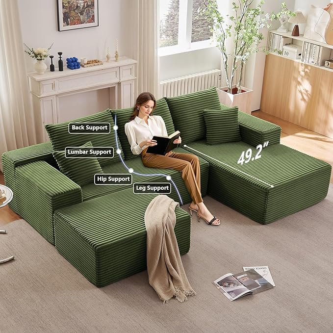 Lakifun 107" U-Shape Cloud Couch, Modern Modular Sectional Comfy L-Shape Sofa with Ottoman, Deep Seat, Upholstered Corduroy Sleeper Chaise Longue for Living Room Bedroom, No Assembly Required, Green