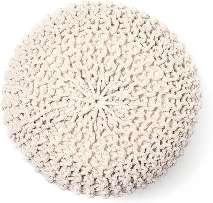 REDEARTH · Round Pouf Ottoman - Cable Knitted Boho Poof - Home Décor Cord Pouffe Handmade Circular Footrest for Living Room - Bedroom - Kids Bedroom - 100% Cotton Pouf (19.5"x19.5"x14") - Natural