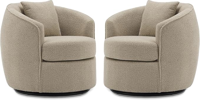 FaFaSoGoodFa Swivel Accent Chair Set, Modern Upholstered Boucle Barrel Arm Chairs with Pillow for Living Room, 360 Degree Round Swivel Sherpa Armchair with Round Base for Bedroom Club (2, Light Brown)