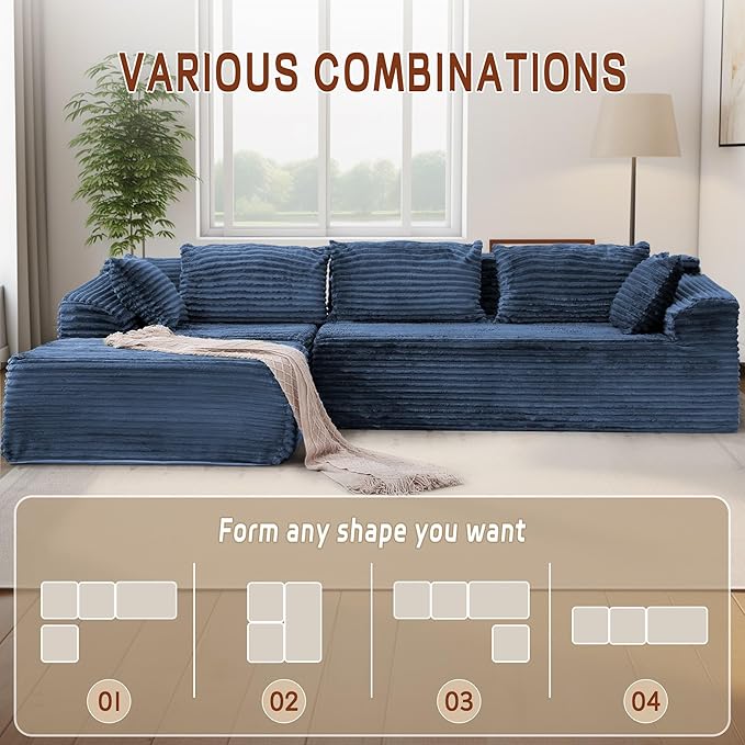 Korser 110" Sectional Couches for Living Room, Modular Sectional Sofa with L-Shape Chaise, Cloud Couch, Comfy Corduroy Fluffy Couch with Deep Seat and Side Pockets