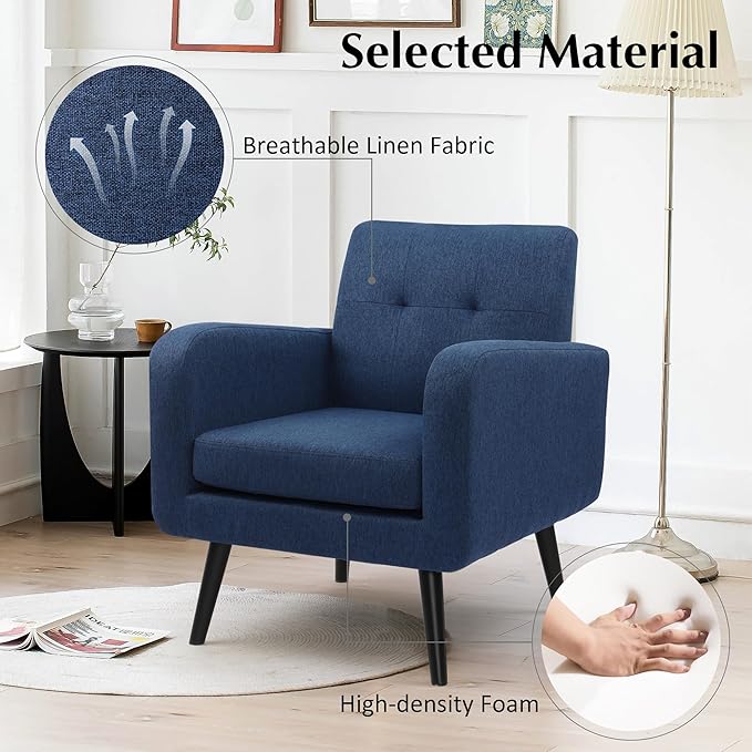 LSSPAID Accent Chairs Set of 2, Modern Blue Linen Fabric Living Room Chairs, Comfy Upholstered Armchairs Single Sofa Chair with Solid Wood Legs for Apartment, Reading, Office