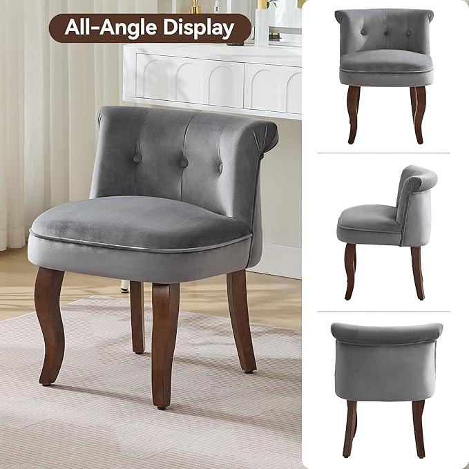 WUTUTUEE Velvet Vanity Chair with Back, Tufted Upholstered Vanity Stool with Solid Wood Legs, Mid Century Small Makeup Chair for Vanity, Accent Chair for Bedroom, Living Room, Grey