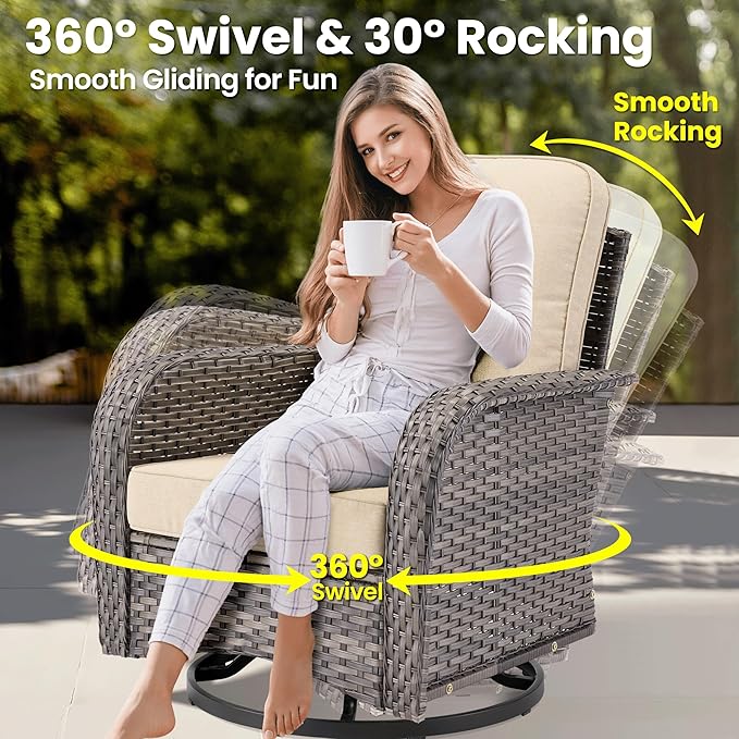 ovios 7 Pieces Patio Furniture Set, Outdoor Wicker Sofa Couch with Rocking Swivel Chairs Fire Pit Table, Modern Deep Seat Rattan Conversation Sets for Deck Porch, Beige