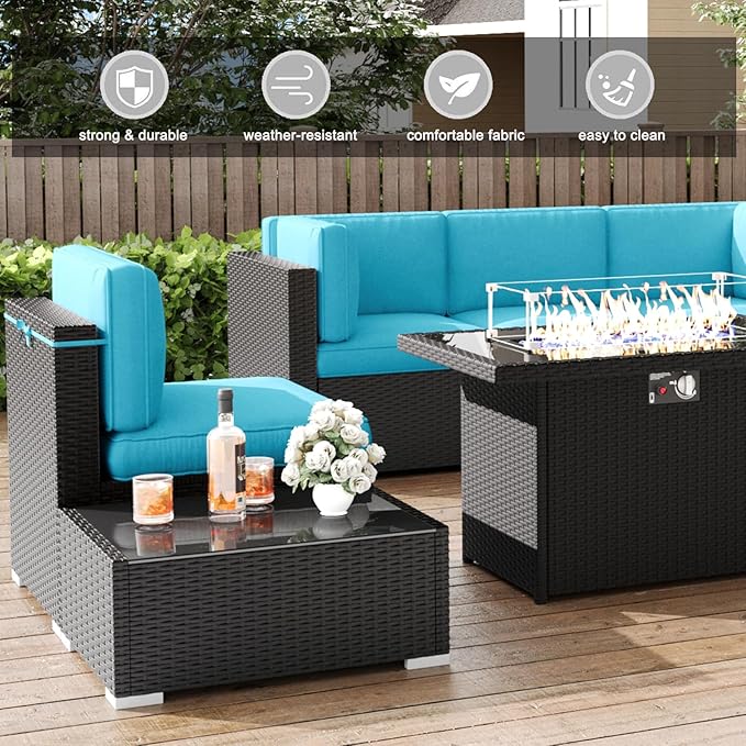 LayinSun 15 Pieces Patio Furniture Set with Fire Pit Table, Black Rattan Modular Sectional Patio Conversation Sofa Set