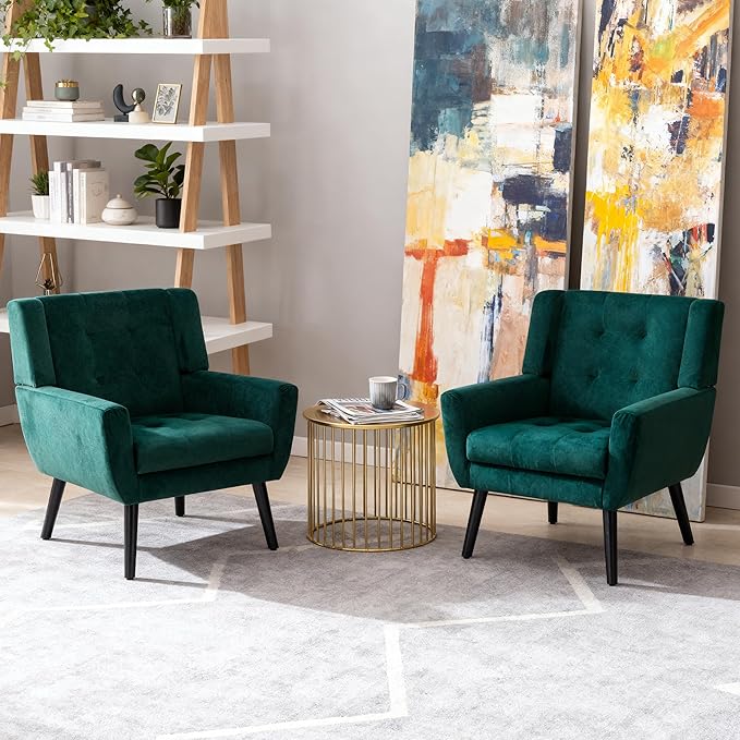 OO BY ORANGE ONLINE Set of 2 Velvet Accent Chair, Mid-Century Modern Tufted Armchair for Living Room, Bedroom & Office (Hunter Green)