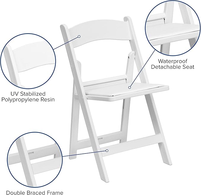 EMMA + OLIVER Set of 4 Lightweight Resin Folding Chairs in White, Comfortable 800LB Weight Capacity Chair