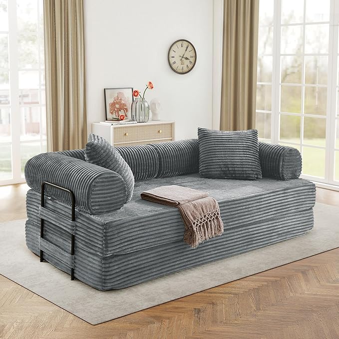 Modular Couch Bed, Convertible Folding Plush Corduroy Comfy Floor Memory Foam Compression Loveseat Sleeper Sofa Couch, King Size Bed for Guest Room Living Room Bedroom, No Assembly Required, Grey