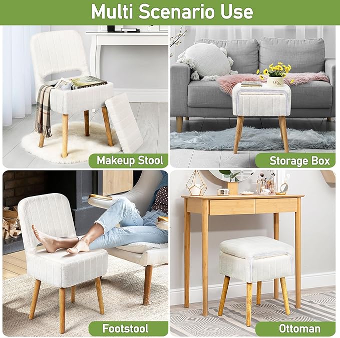 Vanity Stool Chair with Storage and Folding Backrest, White Soft Faux Rabbit Fur Upholstered Footstool, 4 Solid Wood Legs with Anti-Slip-Scratch Foot Pads, Furry Padded Seat for Makeup, Bedroom