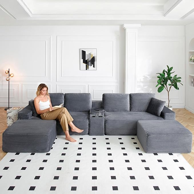 125” Oversized Modular Sectional Sofa, Deep Seat Corduroy Cloud Couch with Cup Holders, USB Ports & Storage Box, Sleeper Sofa Couch Boneless Couches for Living Room, No Assembly Required (Grey)