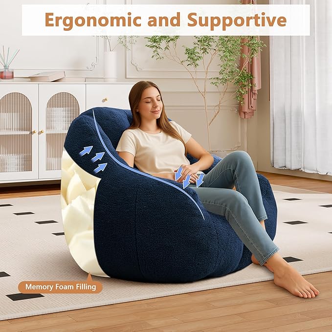 Setawix Bean Bag Chair with Filler, Comfy Teddy Bean Bag Chairs for Adults and Kids, Cozy BeanBag Sofa Fully Floor Couch with Memory Foam for Living Room Bedroom,Dark Blue