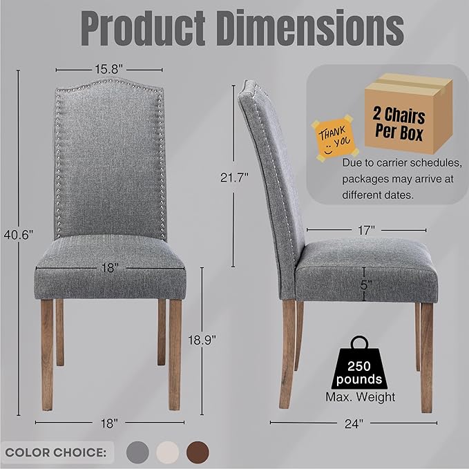 Snugway Upholstered Dining Chair Stylish Parsons Kitchen High Back with Silver Nailhead Trim & Wood Legs, 6-Pack, Fabric Classic Grey