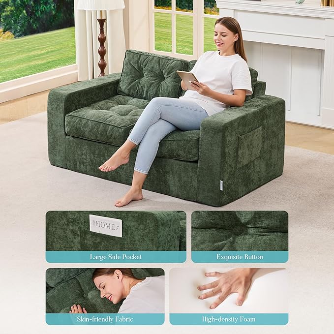 Hobestluk Sofa Couch Loveseat Sofa with Chenille Fabric 2-Seater Sofa for Small Spaces Comfortable Foam Floor Sofa 2 in 1 Boneless Couch for Living Room Bedroom Apartment or Office (Green, Loveseat)