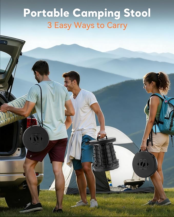 Portable Heavy Duty Collapsible Stool - Wide Seat, Extra Tall & Height Adjustable Stool - Retractable Folding Chair for Camping, Fishing, Hunting & Outdoor Use
