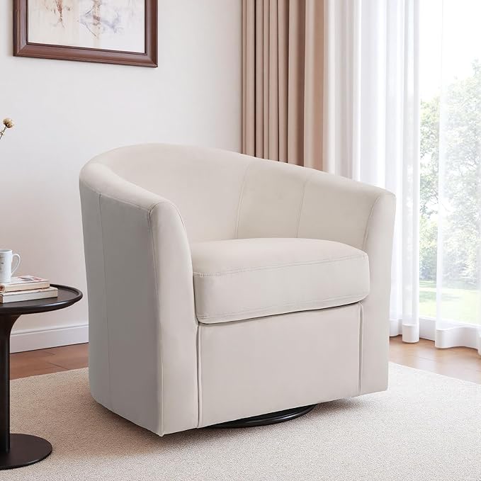 DREAMSIDEA Swivel Accent Chair, Upholstered Velvet Barrel Armchair, Modern Round Single Sofa Seating Comfy Reading Corner Chairs for Living Room Bedroom, Fully Assembled (Velvet Ivory, Set of 2)