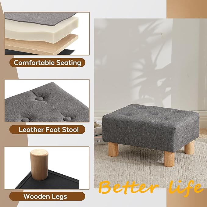 FIMIVIBI Small Foot Stool Ottoman, Linen Footstool Ottoman Foot Rest for Couch, Rectangle Footstools and Ottomans Small for Living Room, Entryway and Bedroom (Gray)