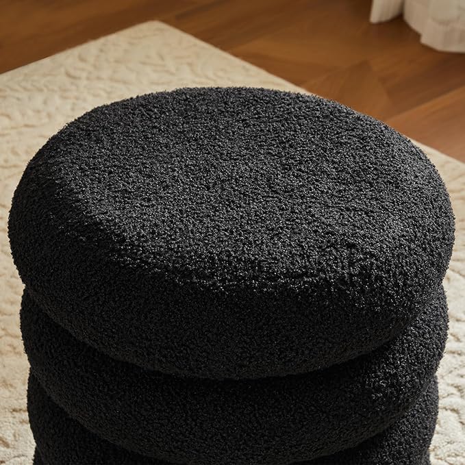 17.5'' Round Ottoman Foot Stool Fabric Storage Footrest Vanity Stool Chair, Modern Sherpa Upholstered Padded Seat with Lid for Living Room/Bedroom/Small Space/Make Up, Black