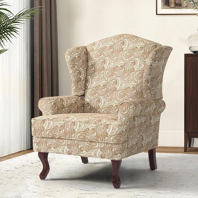 DREAMSIDEA Accent Chair, High Back Upholstered Armchair with High Resilience Sponge & Wood Legs, Mid-Century Modern Comfy Single Sofa Reading Chairs for Living Room, Bedroom (Floral Sand, Set of 1)